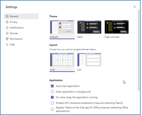 Teams Settings dialog box