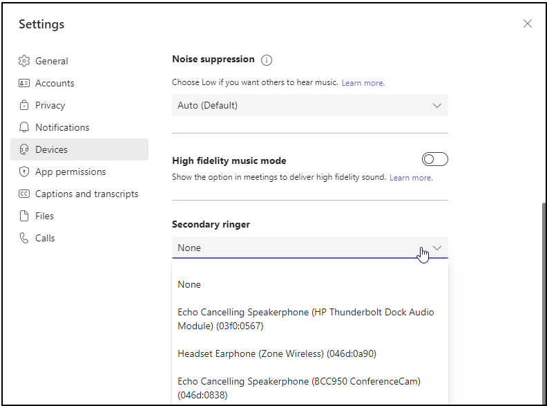 Teams Settings dialog box